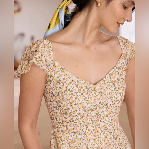 NWT RIHOAS The Yellow V Neck Floral Slit Midi Dress Sz XS - Picture 2 of 6